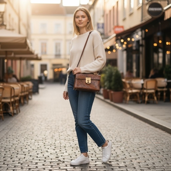 Patricia Nash Map Print Brown Leather Top Handle Crossbody Bag - Picture 1 of 10